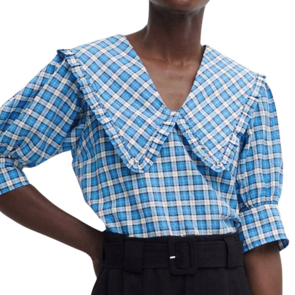 GANNI Seersucker V-Neck Blouse (Sz 36)